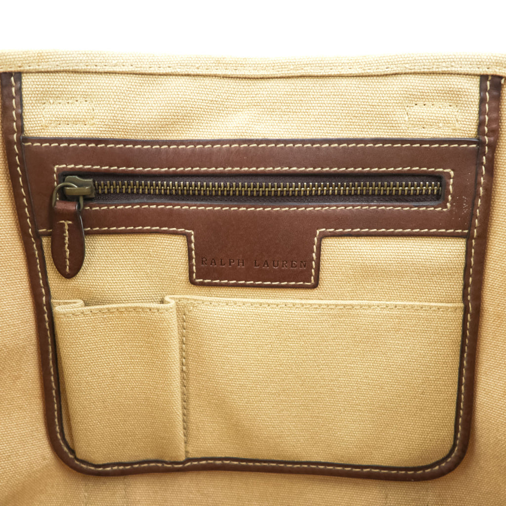 Ralph Lauren Big Pony Embroidered Cotton Canvas Tote Bag Beige Brown
