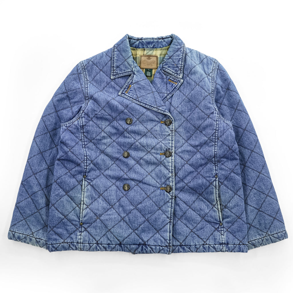 LAUREN RALPH LAUREN 90年代 ヴィンテージ デニムキルティング ダブルブレストジャケット L インディゴ ブルー 中綿 裏地チェック