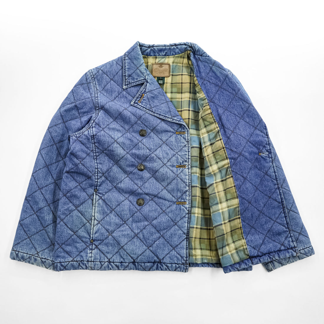 LAUREN RALPH LAUREN 90年代 ヴィンテージ デニムキルティング ダブルブレストジャケット L インディゴ ブルー 中綿 裏地チェック