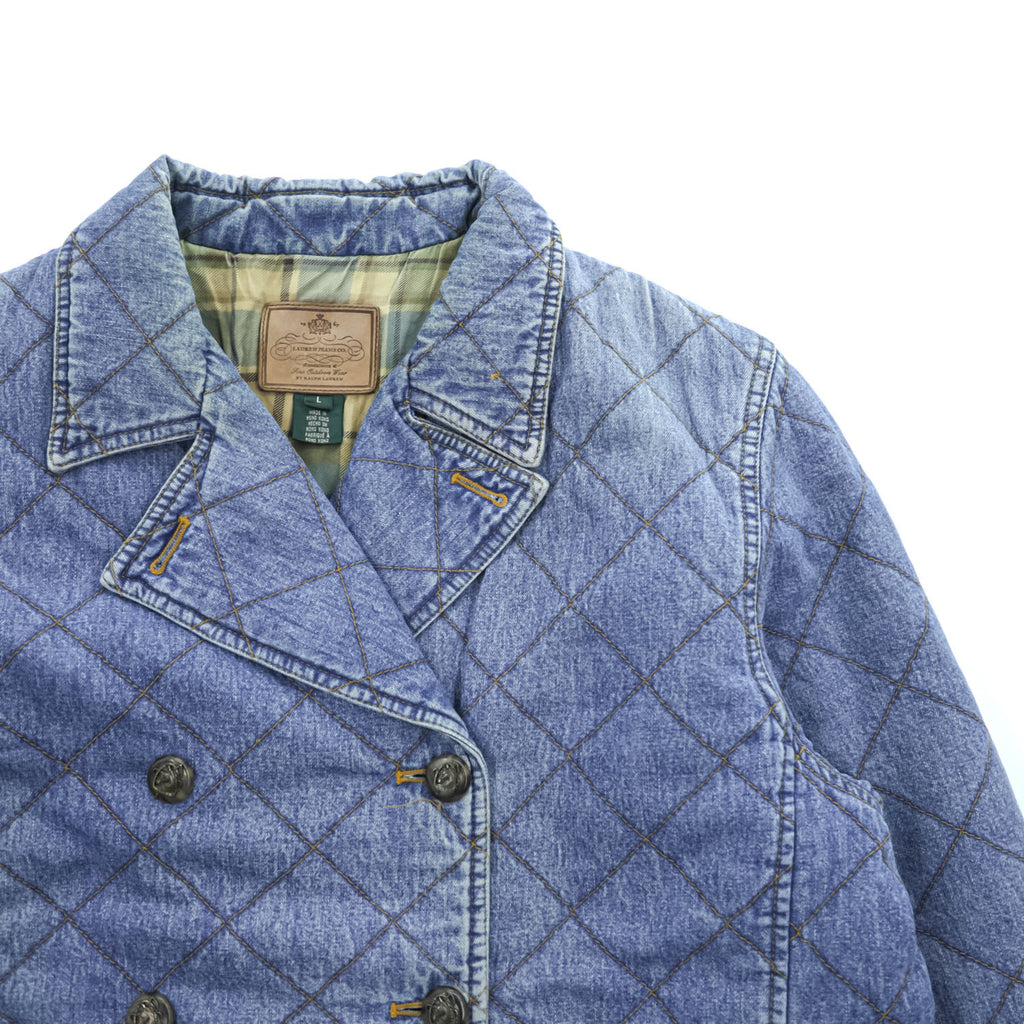 LAUREN RALPH LAUREN 90年代 ヴィンテージ デニムキルティング ダブルブレストジャケット L インディゴ ブルー 中綿 裏地チェック