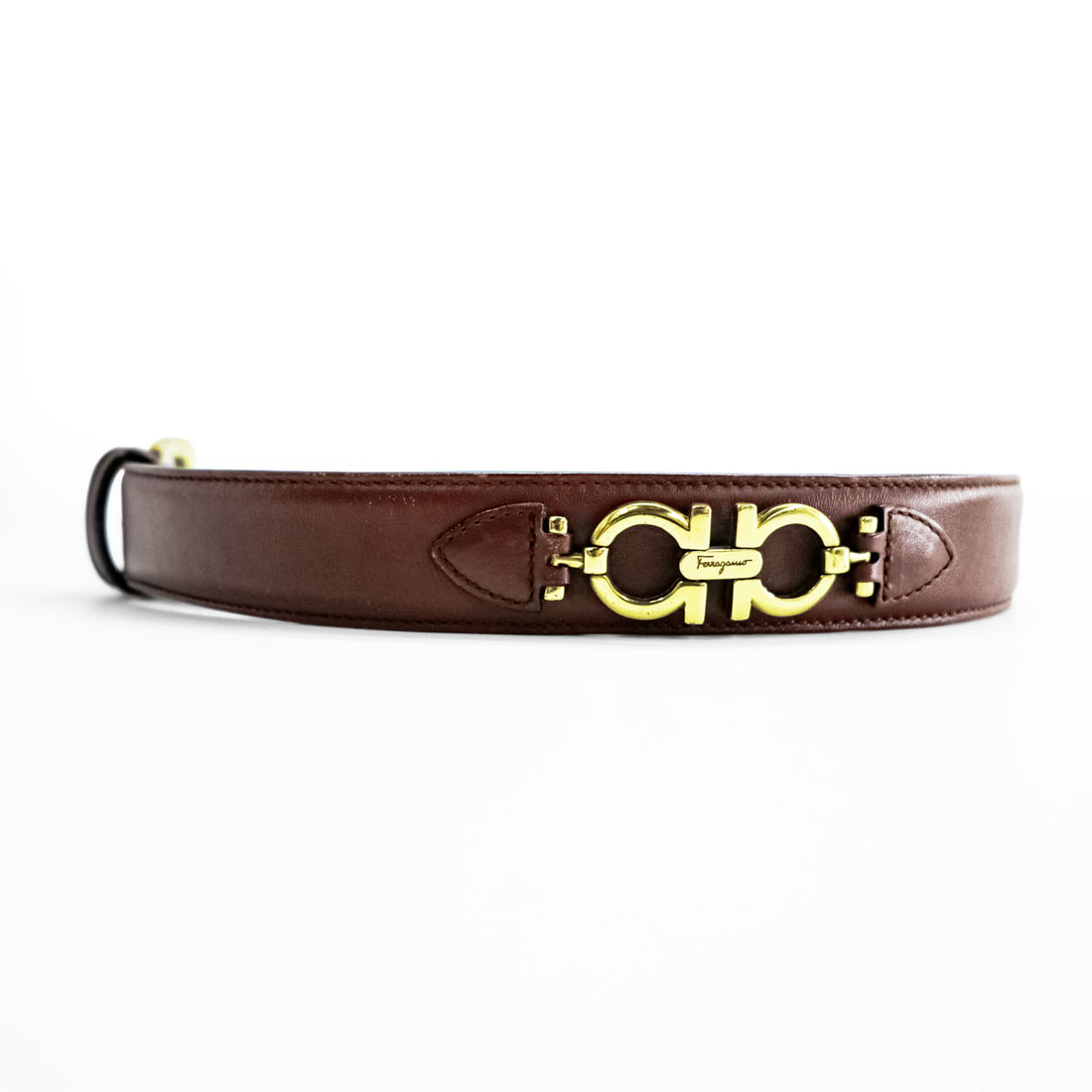 Salvatore Ferragamo Gancini Brown Leather Belt Gold-Tone Hardware Made in Italy 5626