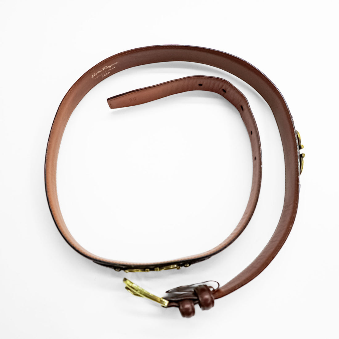 Salvatore Ferragamo Gancini Brown Leather Belt Gold-Tone Hardware Made in Italy 5626