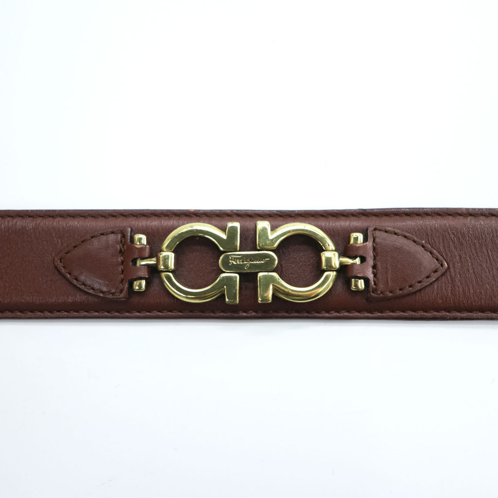 Salvatore Ferragamo Gancini Brown Leather Belt Gold-Tone Hardware Made in Italy 5626
