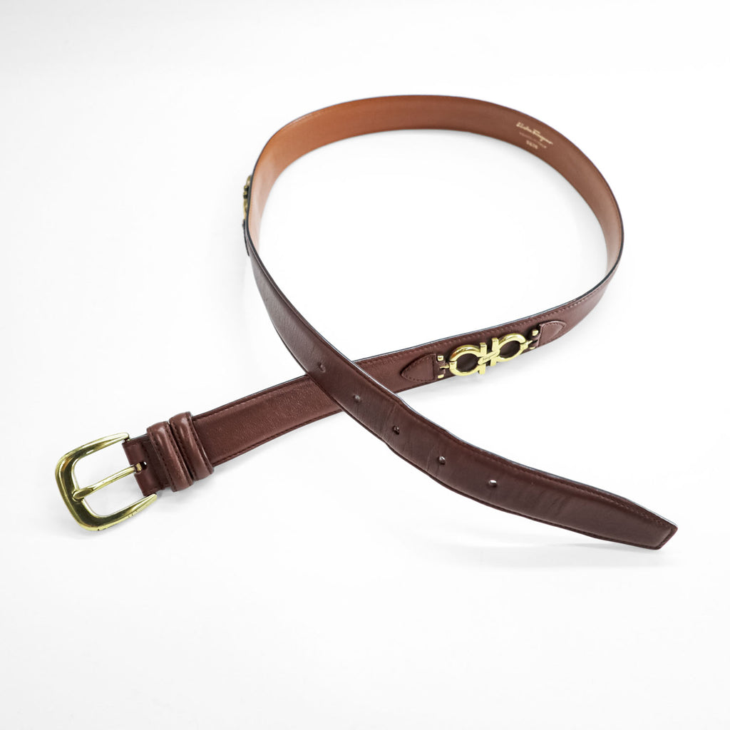 Salvatore Ferragamo Gancini Brown Leather Belt Gold-Tone Hardware Made in Italy 5626