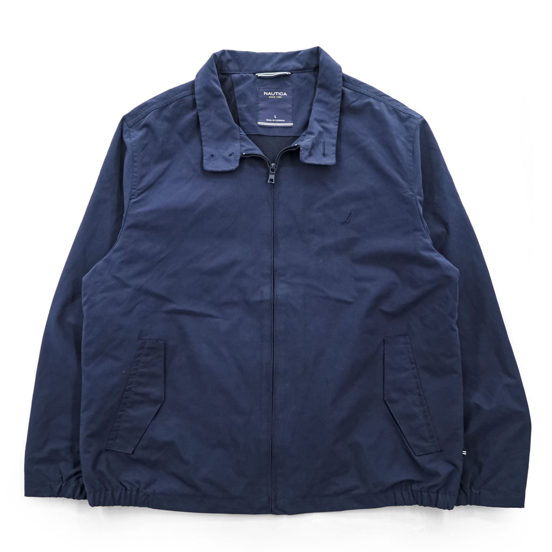 NAUTICA Swing Top Harrington Jacket, Size L, Navy, with a single logo accent.