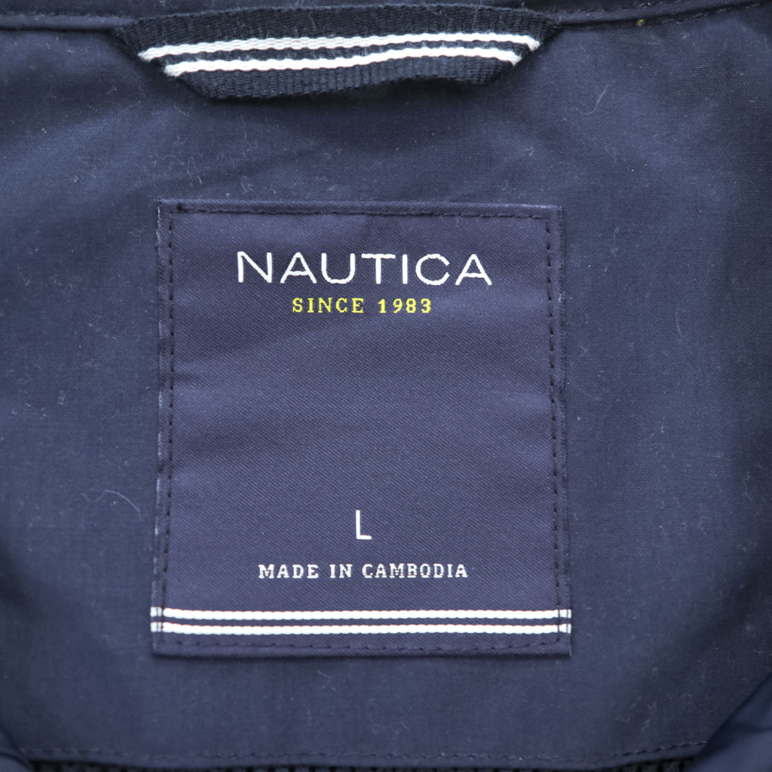 NAUTICA Swing Top Harrington Jacket, Size L, Navy, with a single logo accent.