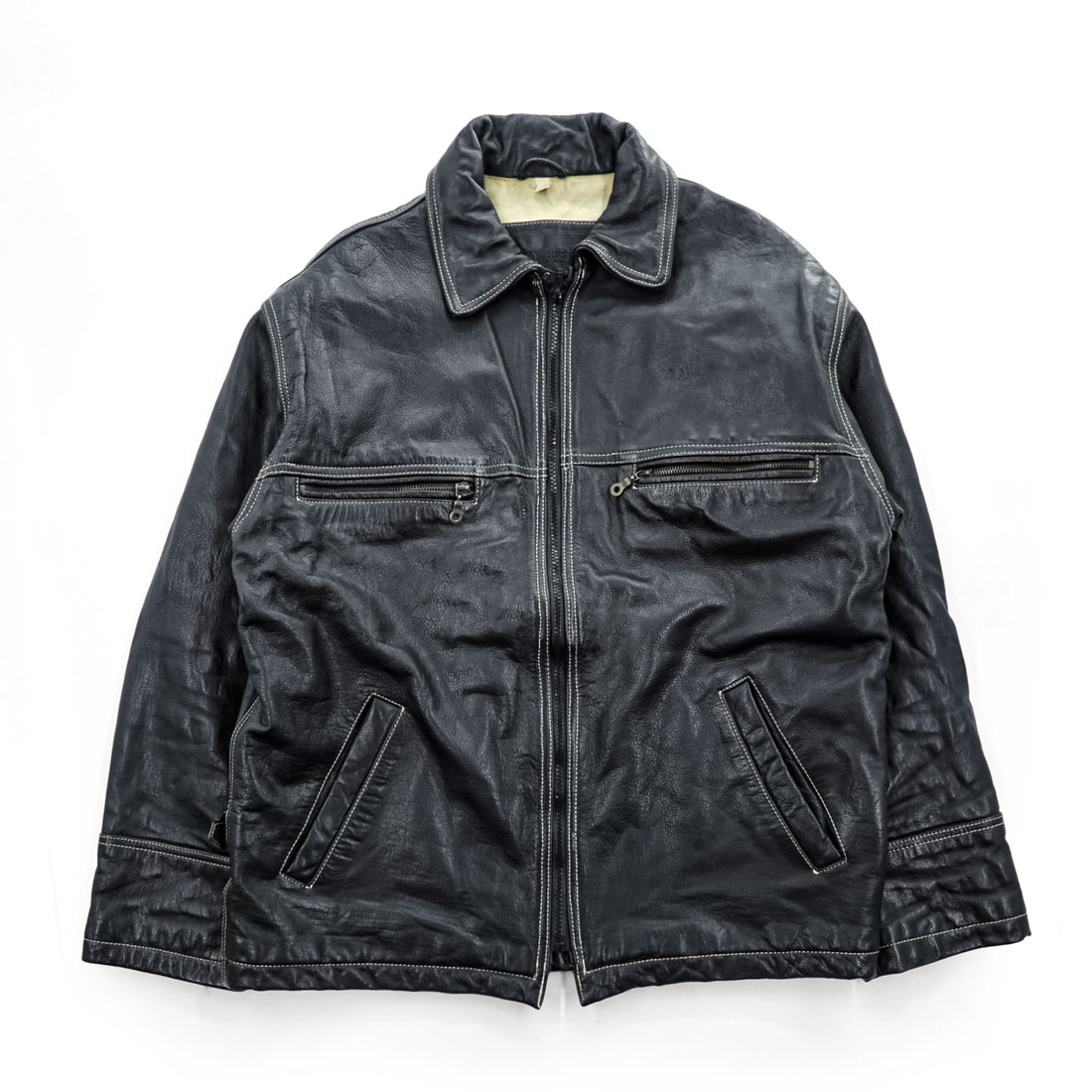 RAWHIDE ジップアップ レザージャケット ウエスタン ライダース ブルゾン XL ブラック ステッチ
