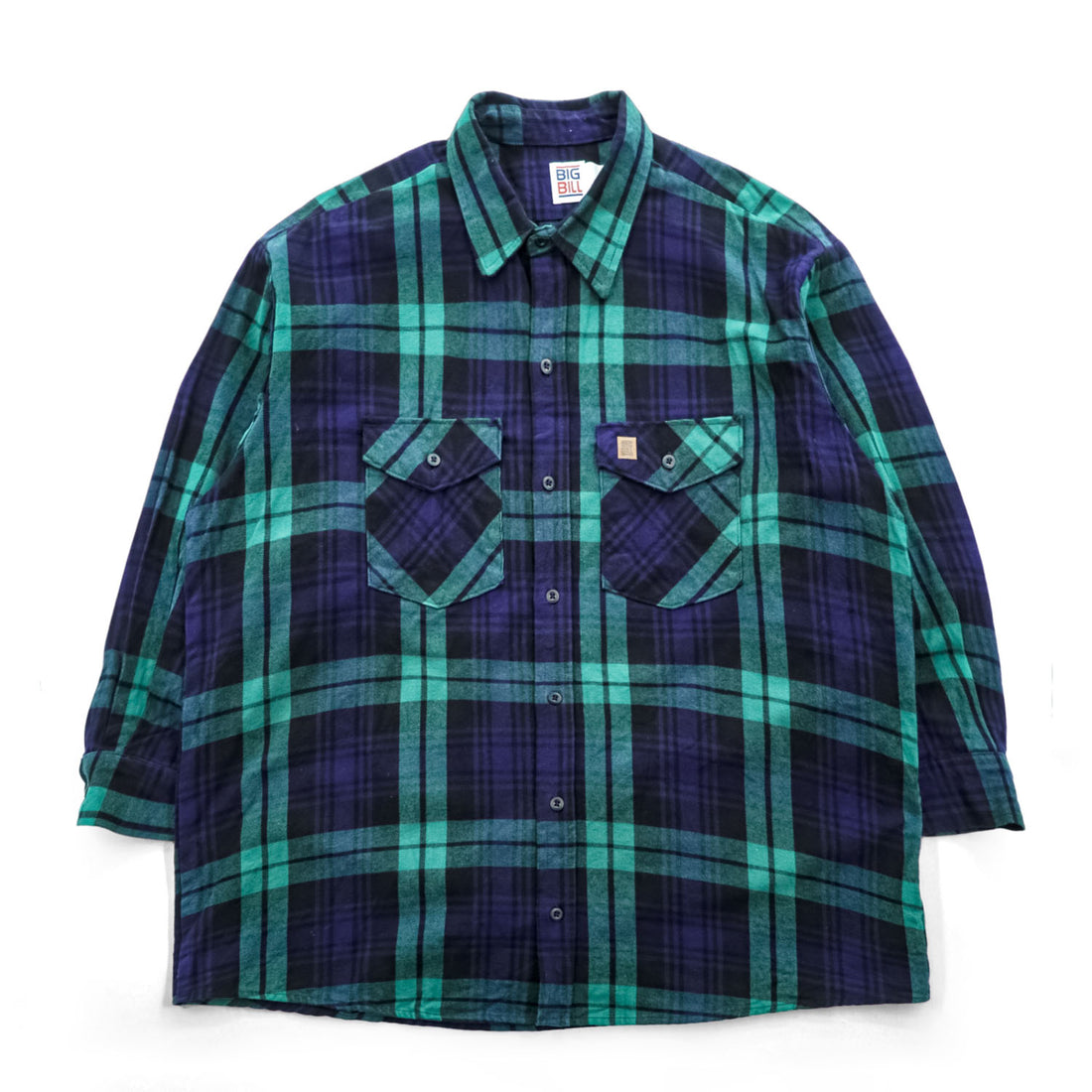 BIG BILL 米国製 USA製 長袖 ヘビーフランネルシャツ XL グリーン ネイビー チェック ダブル フラップ 胸ポケット 121 CUT 11905
