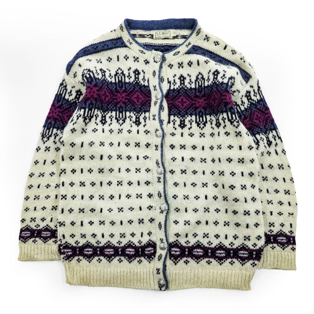 L.L.Bean 80年代 USA製 ヴィンテージ ノルディック柄 ニット カーディガン L ホワイト 総柄 チロリアン メタルボタン