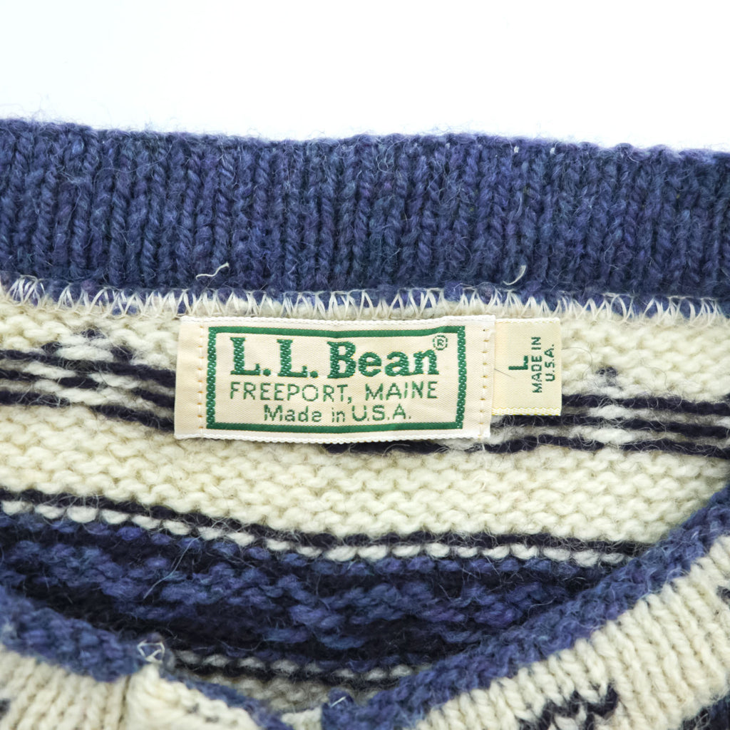 L.L.Bean 80年代 USA製 ヴィンテージ ノルディック柄 ニット カーディガン L ホワイト 総柄 チロリアン メタルボタン