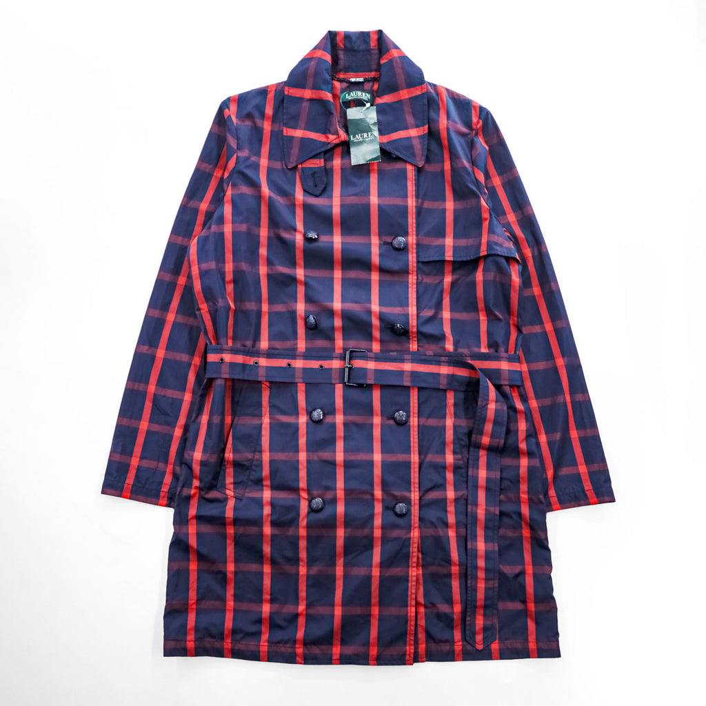 LAUREN RALPH LAUREN ダブルブレスト トレンチコート L レッド ネイビー チェック ベルト付