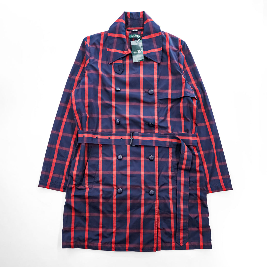 LAUREN RALPH LAUREN ダブルブレスト トレンチコート L レッド ネイビー チェック ベルト付
