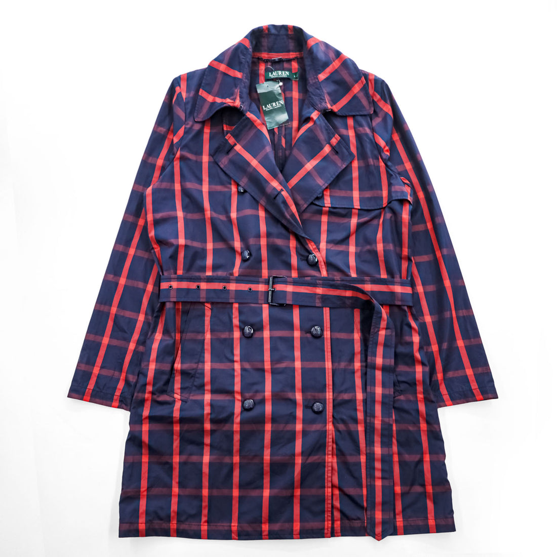 LAUREN RALPH LAUREN ダブルブレスト トレンチコート L レッド ネイビー チェック ベルト付