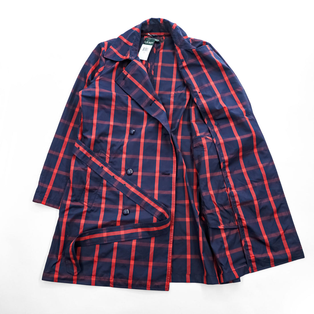 LAUREN RALPH LAUREN ダブルブレスト トレンチコート L レッド ネイビー チェック ベルト付