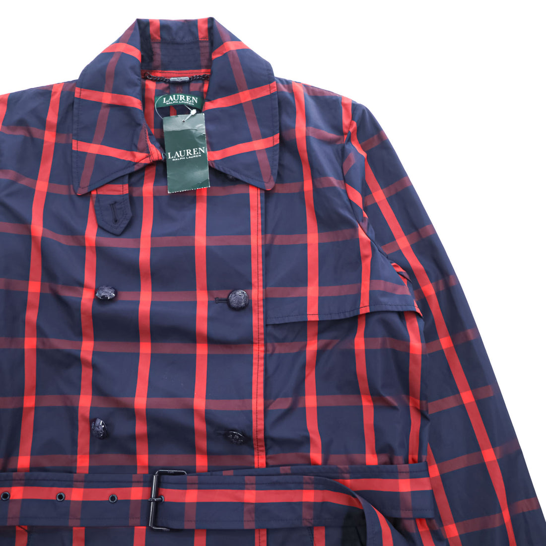 LAUREN RALPH LAUREN ダブルブレスト トレンチコート L レッド ネイビー チェック ベルト付