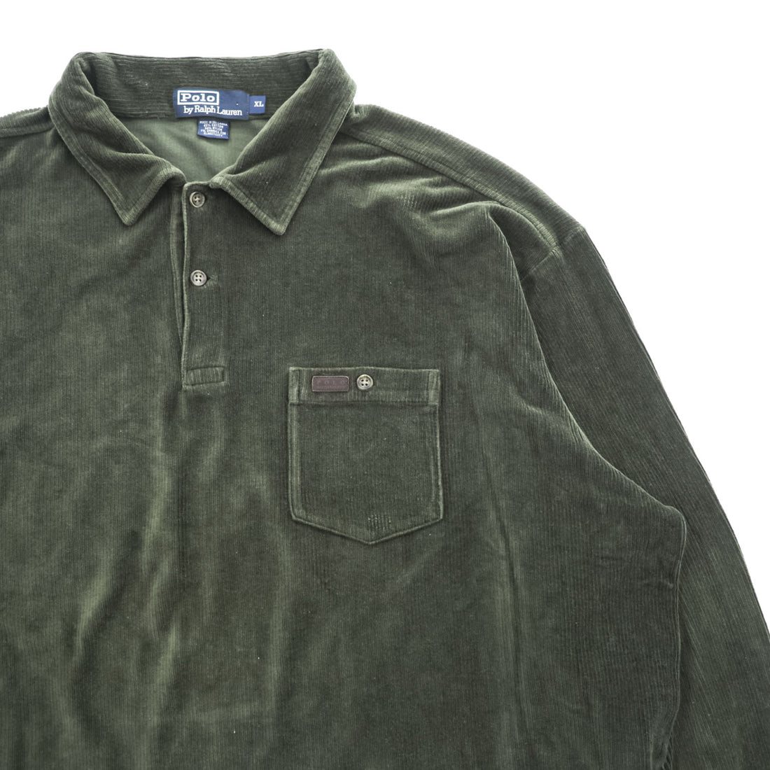 Polo Ralph Lauren 90年代 ヴィンテージ 長袖ポロシャツ XL カーキ グリーン ストレッチ コーデュロイ 胸ポケット