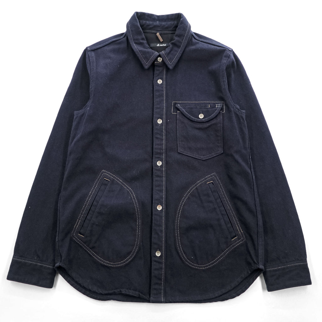 Johnbull ウールブレンド 長袖ワークシャツ L ネイビー マルチポケット コントラストステッチ