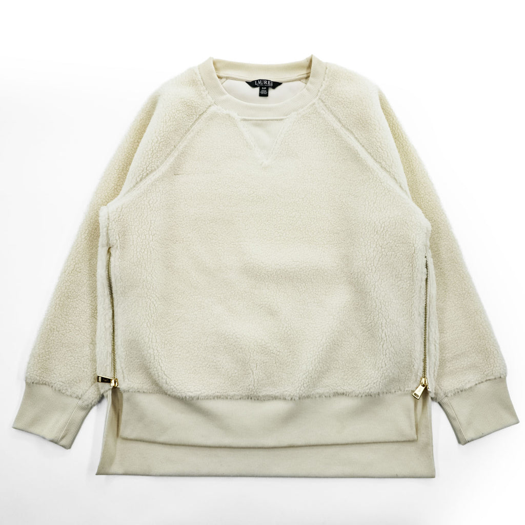 LAUREN RALPH LAUREN Ivory Sherpa Fleece Side Zip Crewneck Pullover Women's S/P