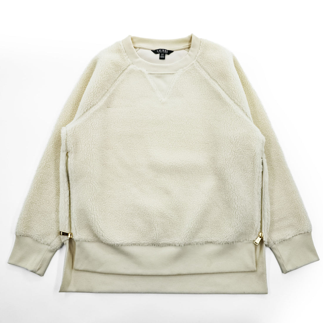 LAUREN RALPH LAUREN Ivory Sherpa Fleece Side Zip Crewneck Pullover Women's S/P
