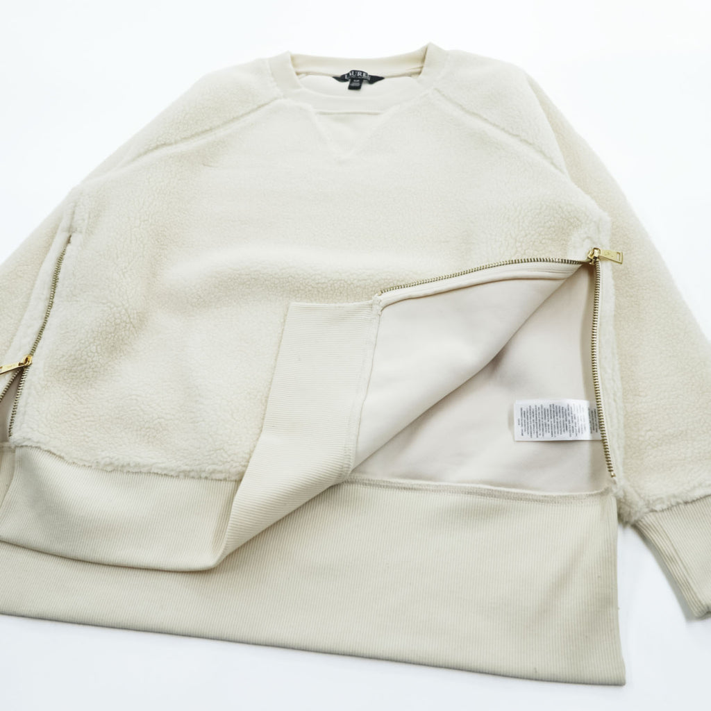 LAUREN RALPH LAUREN Ivory Sherpa Fleece Side Zip Crewneck Pullover Women's S/P