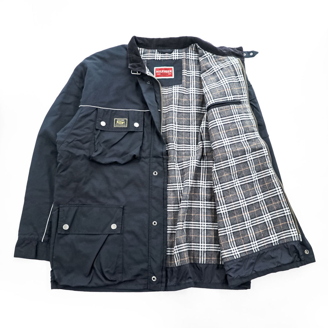 TOMMY HILFIGER DENIM  RED LABEL Double Zip Motorcycle Jacket XL, Black Nylon Checked Lining