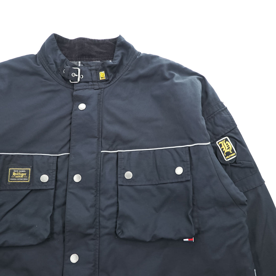 TOMMY HILFIGER DENIM  RED LABEL Double Zip Motorcycle Jacket XL, Black Nylon Checked Lining