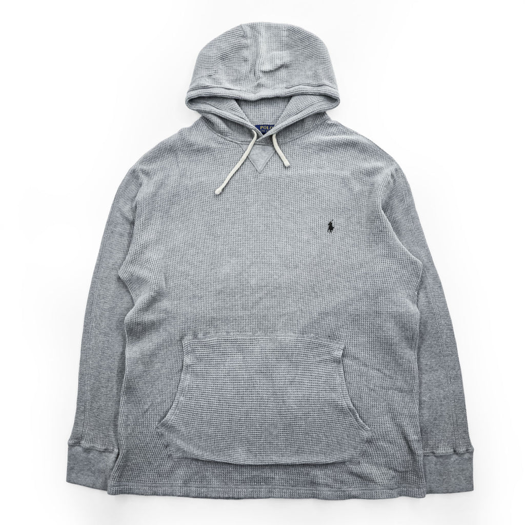 Polo Ralph Lauren Pullover Hoodie XL Grey Small Pony Logo Embroidery Oversized Thermal Waffle Front V