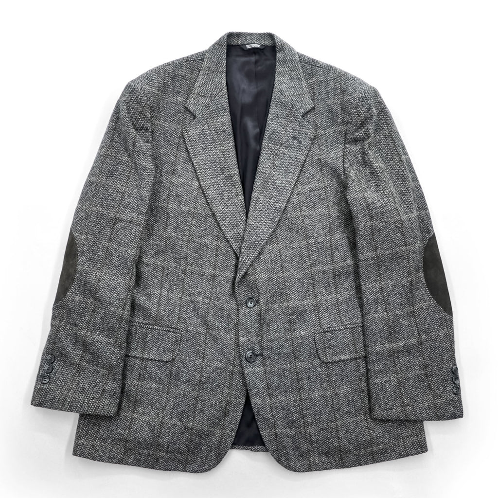 Vintage Stuart Hughes Herringbone Tweed Blazer Gray Elbow Patches USA Made 44R