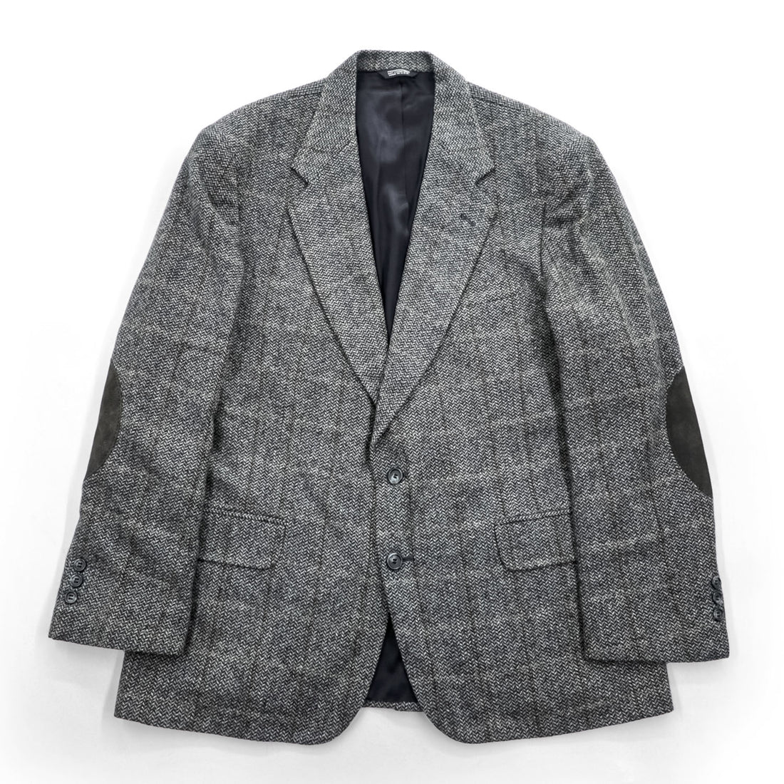 Vintage Stuart Hughes Herringbone Tweed Blazer Gray Elbow Patches USA Made 44R