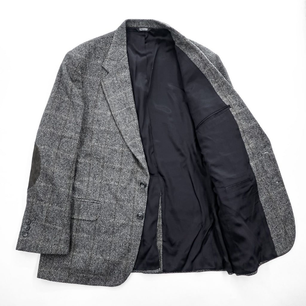 Vintage Stuart Hughes Herringbone Tweed Blazer Gray Elbow Patches USA Made 44R