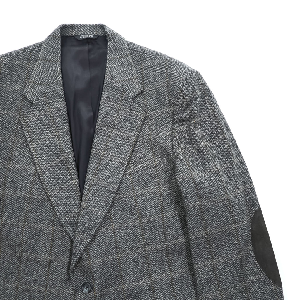Vintage Stuart Hughes Herringbone Tweed Blazer Gray Elbow Patches USA Made 44R
