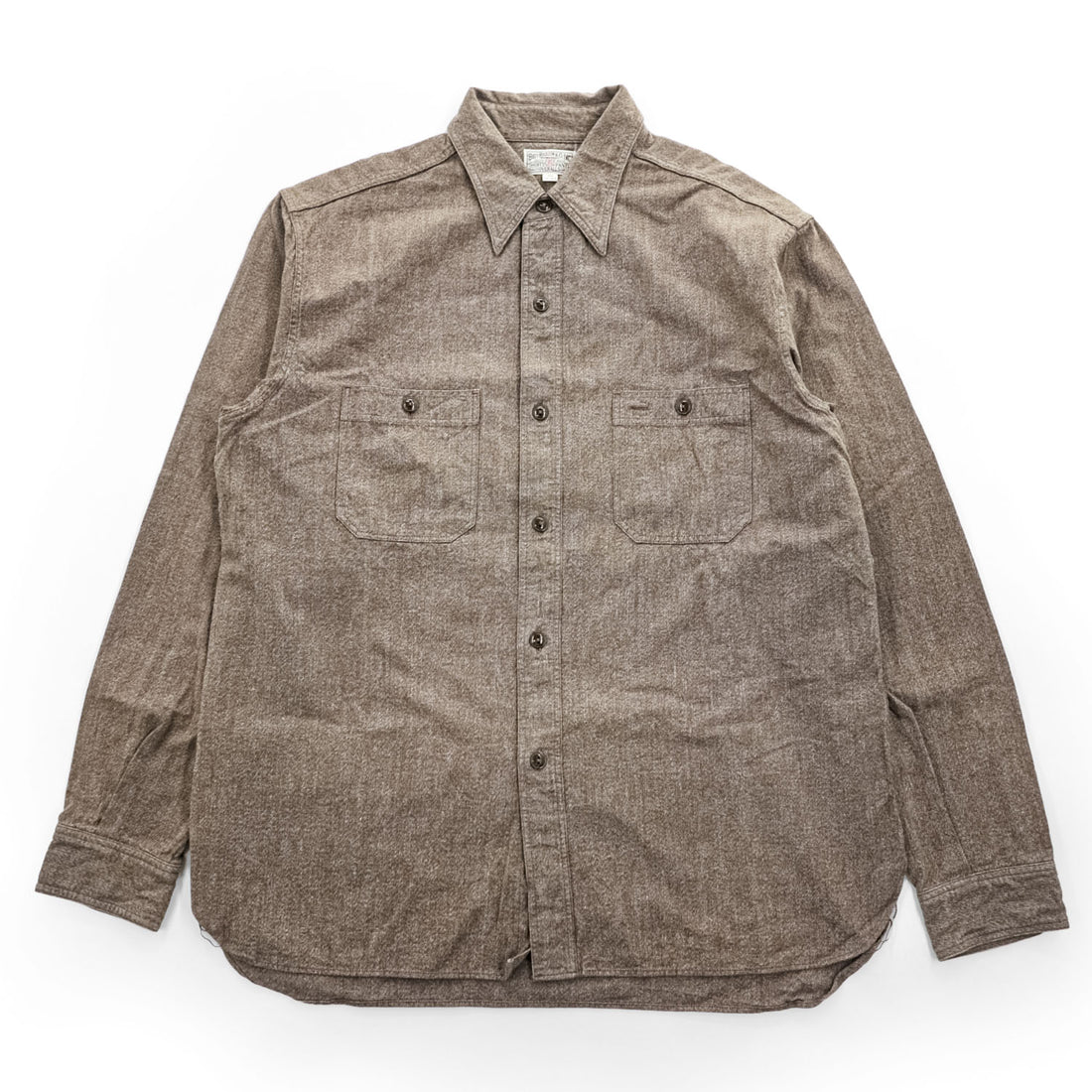 BUZZ RICKSON'S 日本製 長袖 ワークシャツ COTTON COVERT WORK SHIRT ブラウン シャンブレー ダブル 胸ポケット BR26082