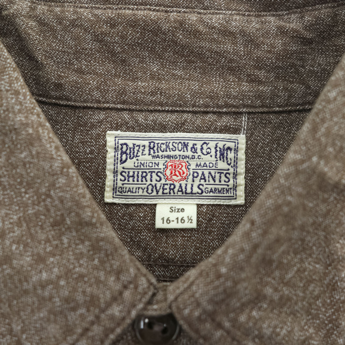 BUZZ RICKSON'S 日本製 長袖 ワークシャツ COTTON COVERT WORK SHIRT ブラウン シャンブレー ダブル 胸ポケット BR26082