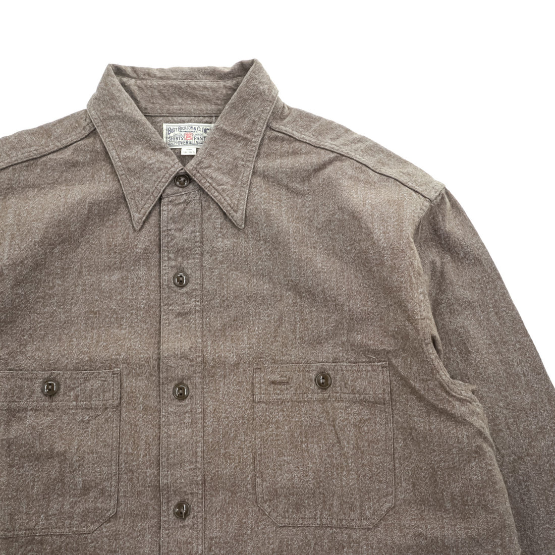 BUZZ RICKSON'S 日本製 長袖 ワークシャツ COTTON COVERT WORK SHIRT ブラウン シャンブレー ダブル 胸ポケット BR26082