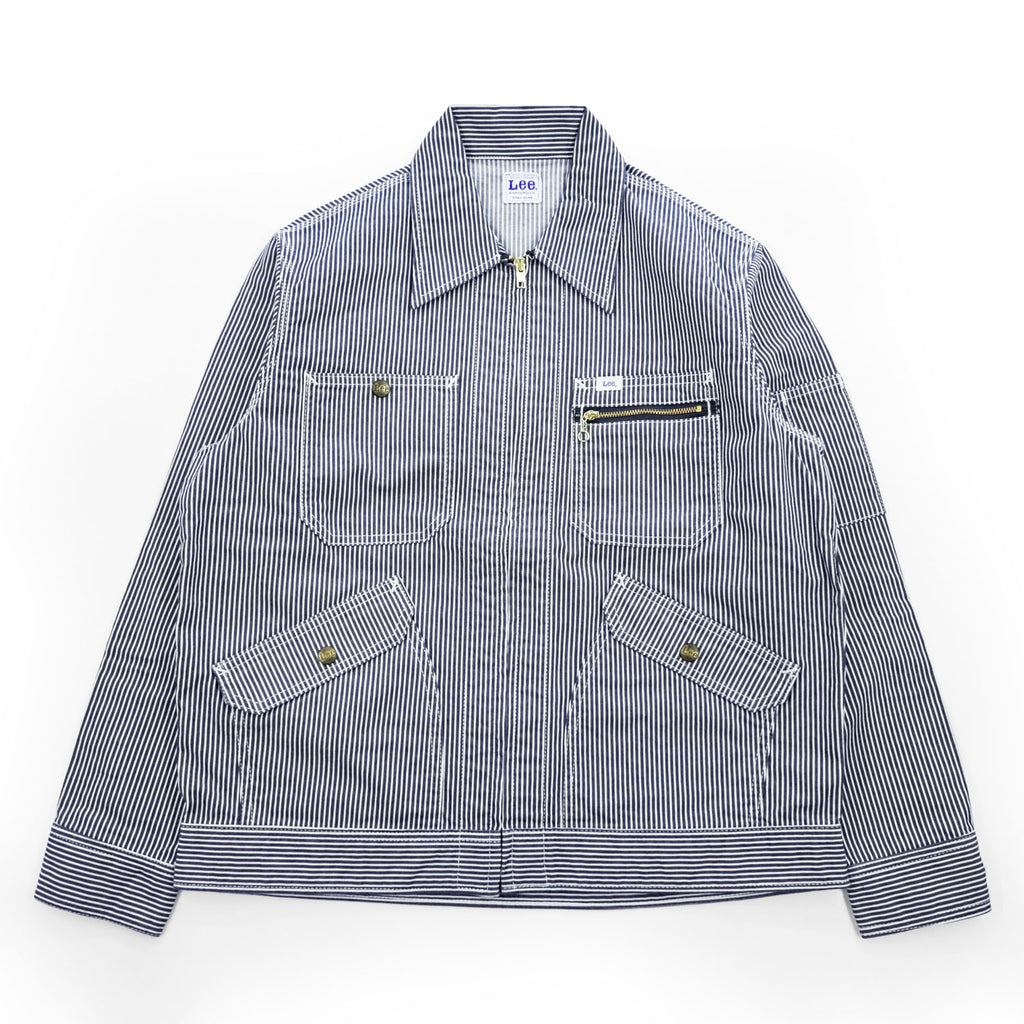 Lee Hickory Stripe Work Jacket Zip Up Blue White Denim Railroad Utility Pockets