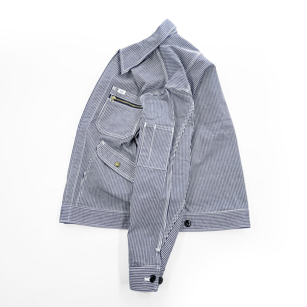Lee Hickory Stripe Work Jacket Zip Up Blue White Denim Railroad Utility Pockets