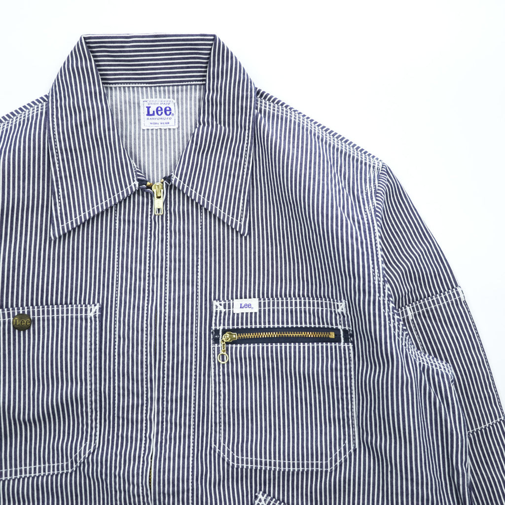 Lee Hickory Stripe Work Jacket Zip Up Blue White Denim Railroad Utility Pockets
