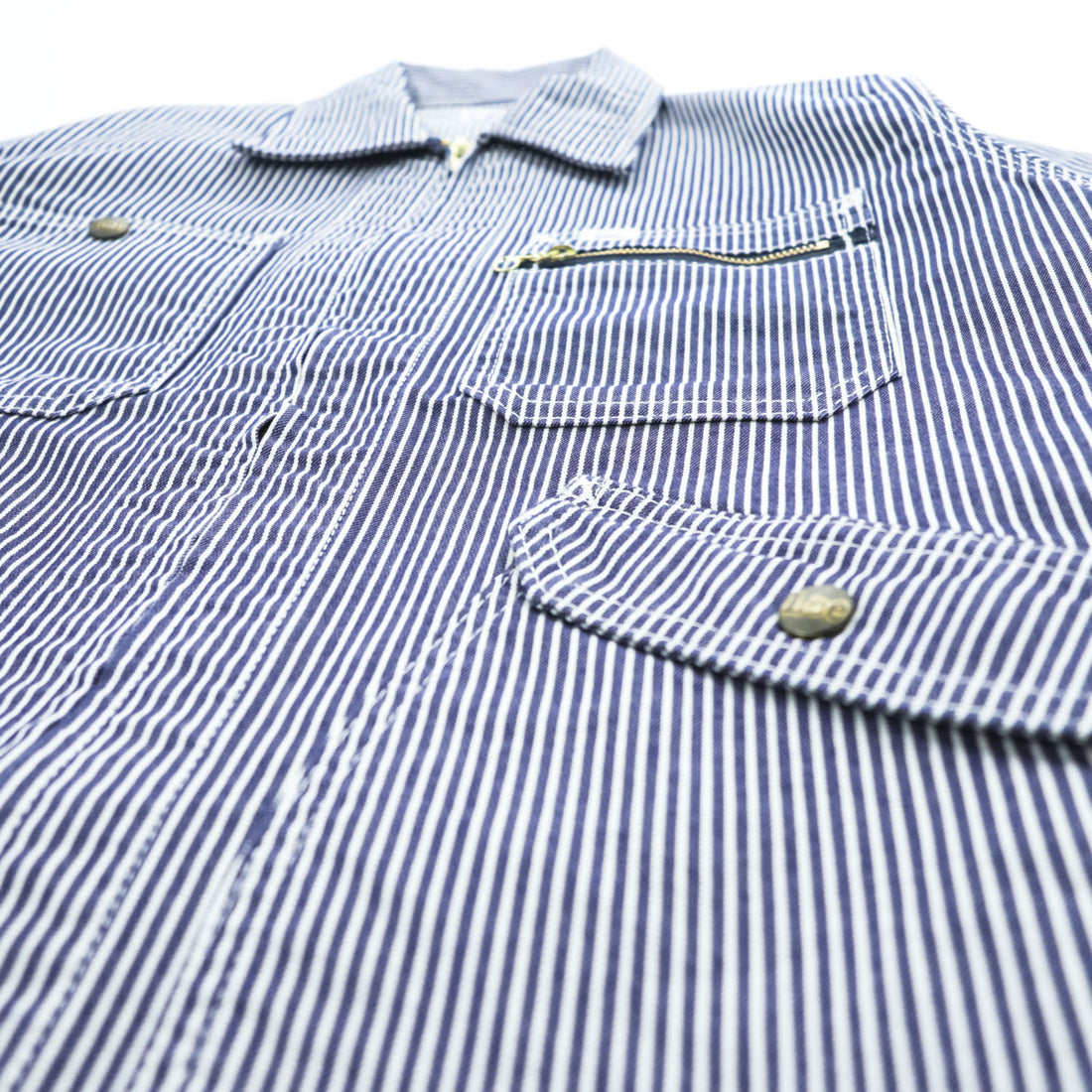 Lee Hickory Stripe Work Jacket Zip Up Blue White Denim Railroad Utility Pockets