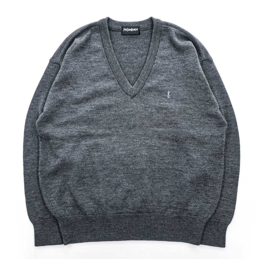 Yves Saint Laurent 100% Wool V-Neck Sweater Gray M Embroidered YSL Logo AS 63-340