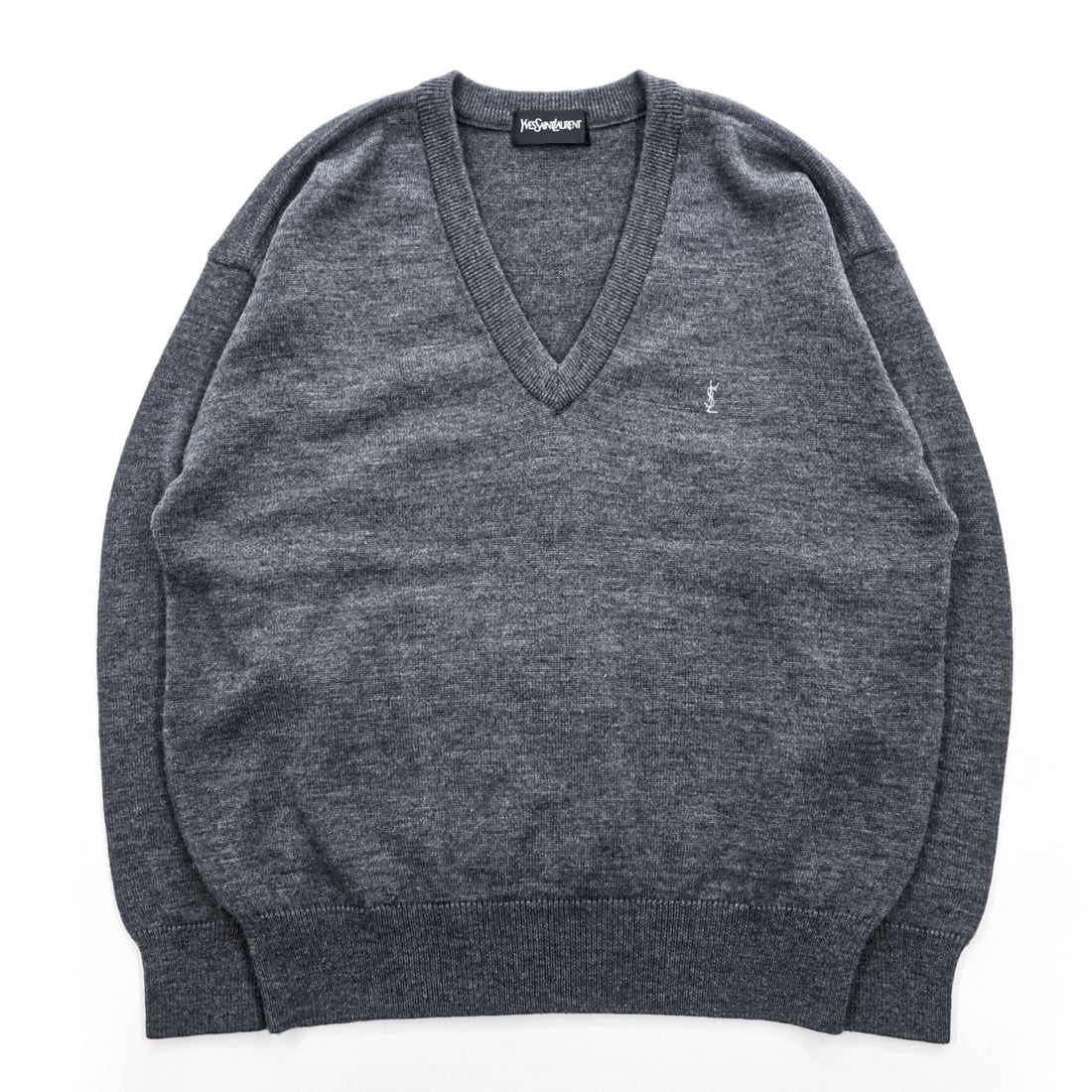 Yves Saint Laurent 100% Wool V-Neck Sweater Gray M Embroidered YSL Logo AS 63-340