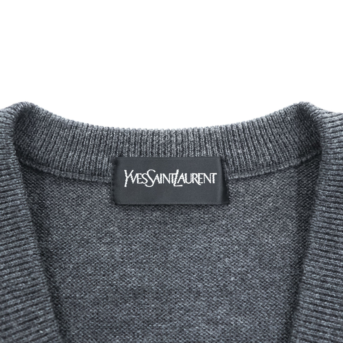 Yves Saint Laurent 100% Wool V-Neck Sweater Gray M Embroidered YSL Logo AS 63-340