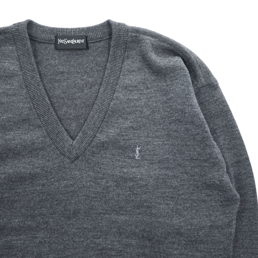 Yves Saint Laurent 100% Wool V-Neck Sweater Gray M Embroidered YSL Logo AS 63-340