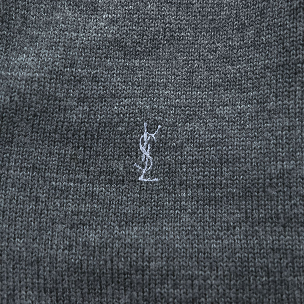 Yves Saint Laurent 100% Wool V-Neck Sweater Gray M Embroidered YSL Logo AS 63-340