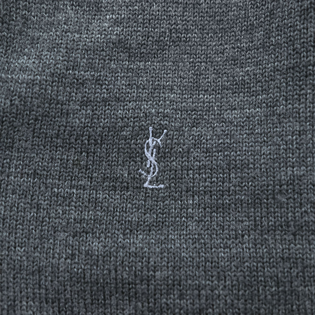 Yves Saint Laurent 100% Wool V-Neck Sweater Gray M Embroidered YSL Logo AS 63-340