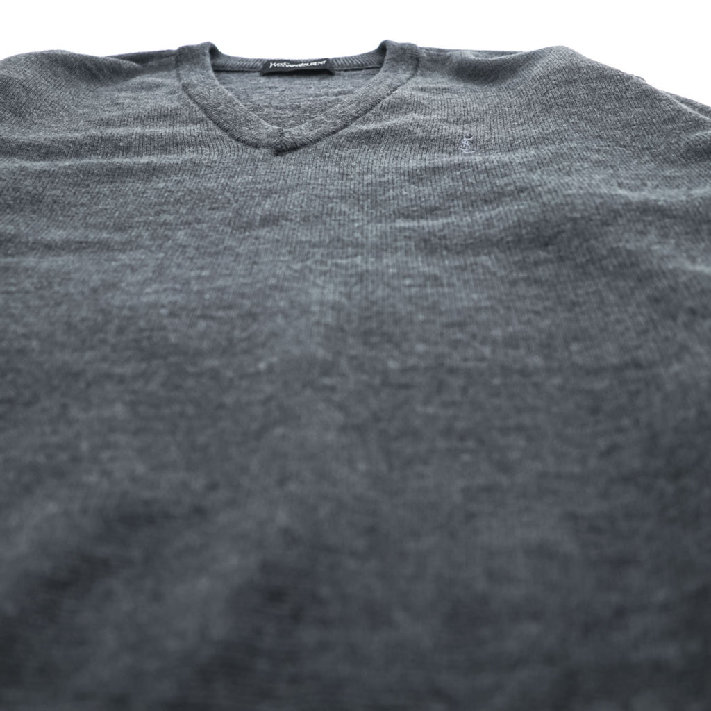 Yves Saint Laurent 100% Wool V-Neck Sweater Gray M Embroidered YSL Logo AS 63-340