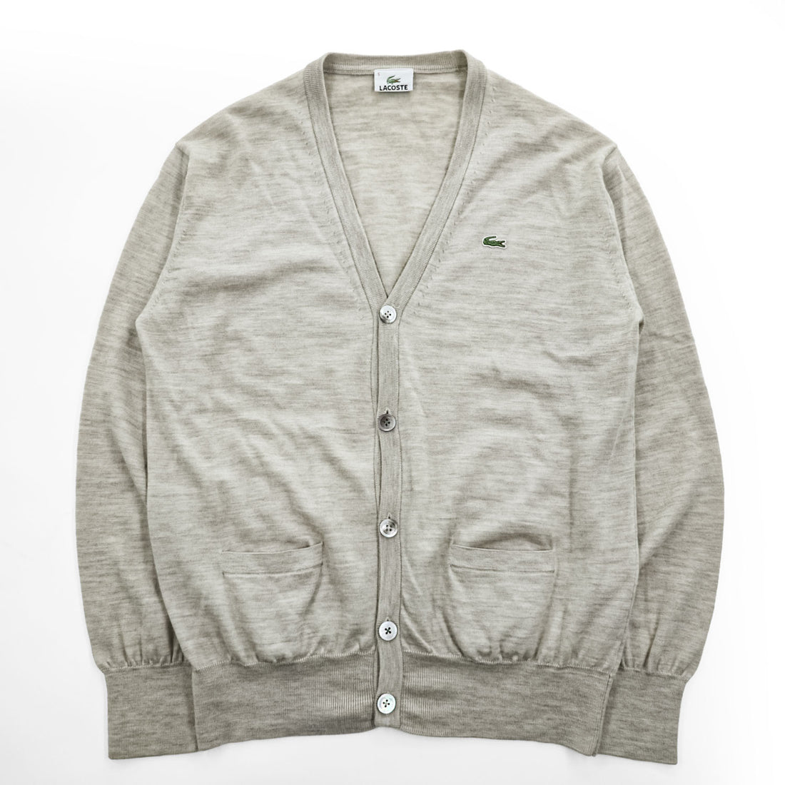 LACOSTE 100% Wool Crocodile Logo V-Neck Cardigan Beige Size 5 AH964E