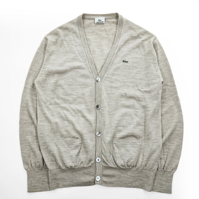 LACOSTE ウール100% Vネック ニット カーディガン L ベージュ ワニ刺繍 ワンポイントロゴ AH064E JF-34