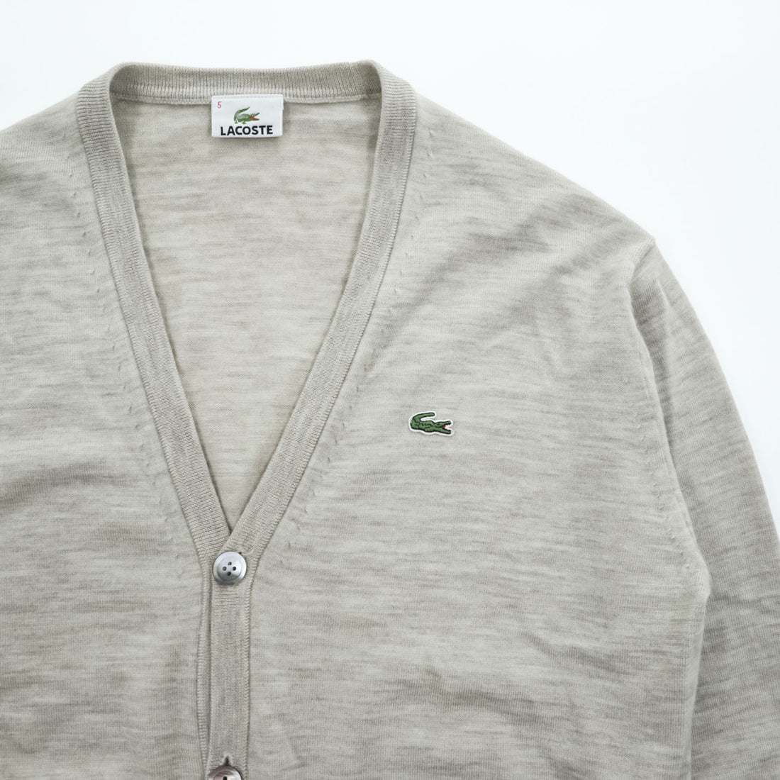 LACOSTE 100% Wool Crocodile Logo V-Neck Cardigan Beige Size 5 AH964E