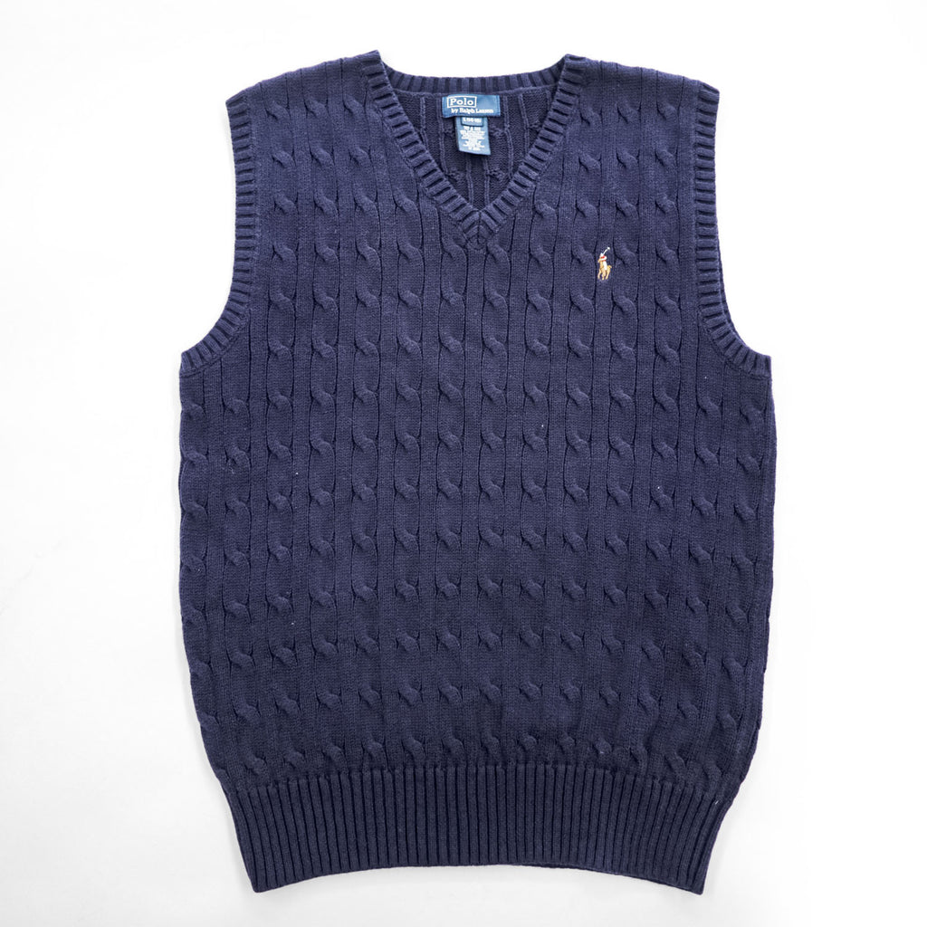 Polo Ralph Lauren 90年代 ヴィンテージ ケーブル編み Vネック ニットベスト L ネイビー スモールポニー ロゴ 刺繍