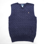 Polo Ralph Lauren 90年代 ヴィンテージ ケーブル編み Vネック ニットベスト L ネイビー スモールポニー ロゴ 刺繍